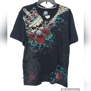Irreverent Men's Short Sleeve Skull Roses Print T-shirt Black Size Large